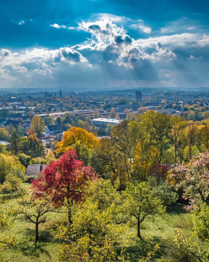 Blick von oben auf Crailsheim, im Vordergrund sind die Streuobstwiesen zu sehen