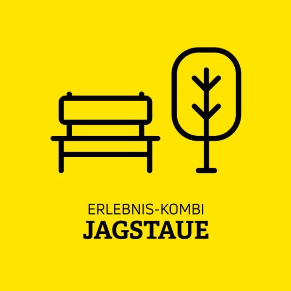 Gelbe Kachel mit einer Bank neben einem Baum und der Schrift Erlebnis-Kombi Jagstaue