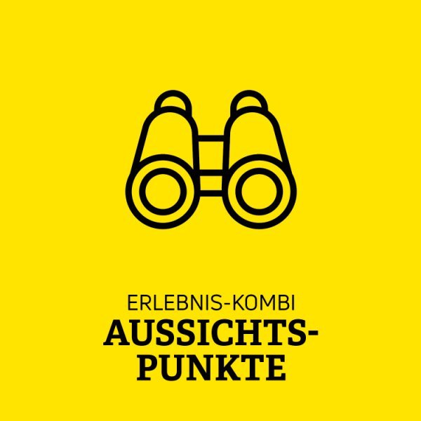 Gelbe Kachel mit einem Fernglas und der Schrift Erlebnis-Kombi Aussichtspunkte