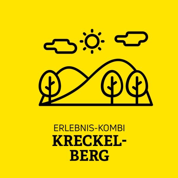 Gelbe Kachel mit einer hügeligen Landschaft mit Bäumen und der Schrift Erlebnis-Kombi Kreckelberg
