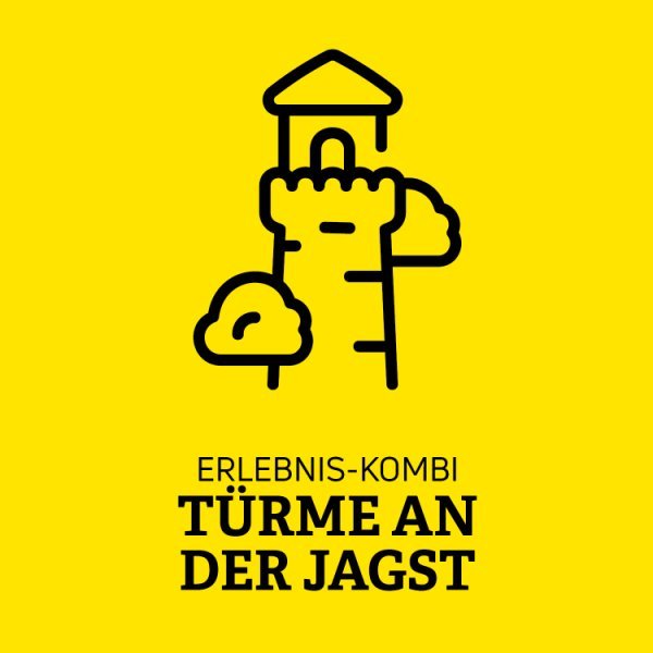 Gelbe Kachel mit einem Turm in Wolken und der Schrift Erlebnis-Kombi Türme an der Jagst